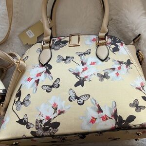 TWO Cream Floral & Butterfly Crossbody Tote with Gold Accents